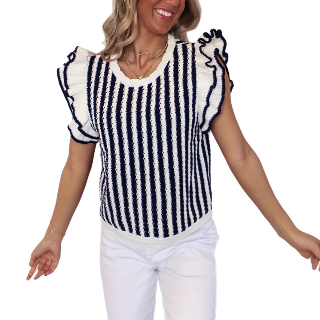 Women's Ruffle Sleeve Crewneck Slim Fit Knit Top