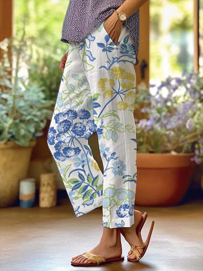 Women's Polka Dot Floral Print Straight-Leg Casual Pants