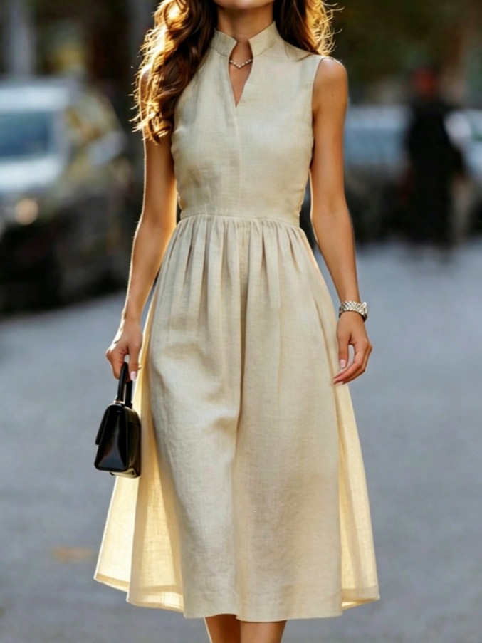 French Stand Collar Sleeveless Linen A-Line Midi Dress