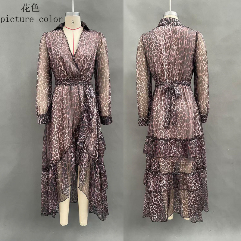 Leopard Print V-Neck Long Sleeve Ruched Waist Ruffle Dress