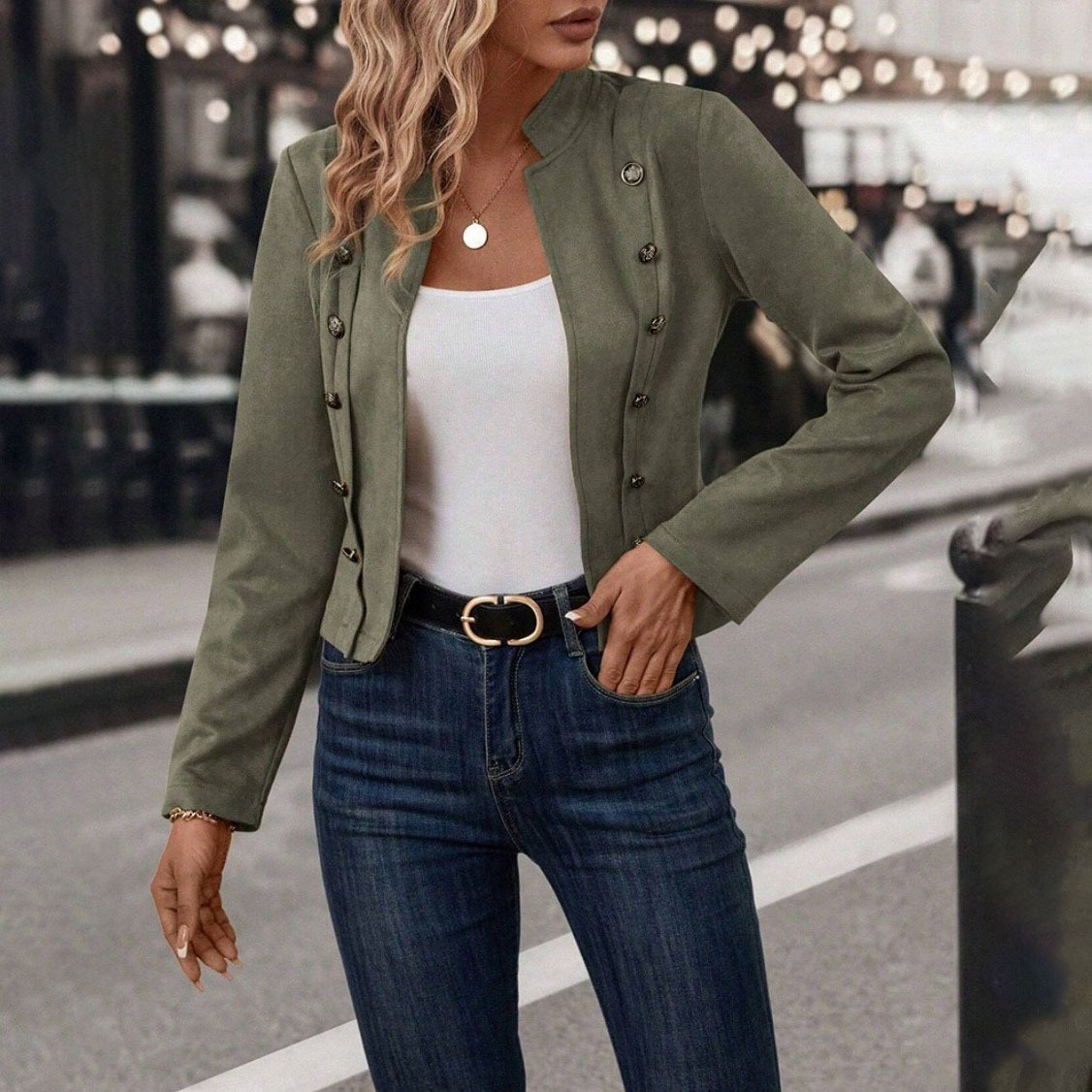 Solid Double-Breasted Vintage Long-Sleeve Jacket