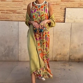 Digital Print Crew Neck Sleeveless Maxi Dress with Sun Protection Cardigan Two-Piece Set