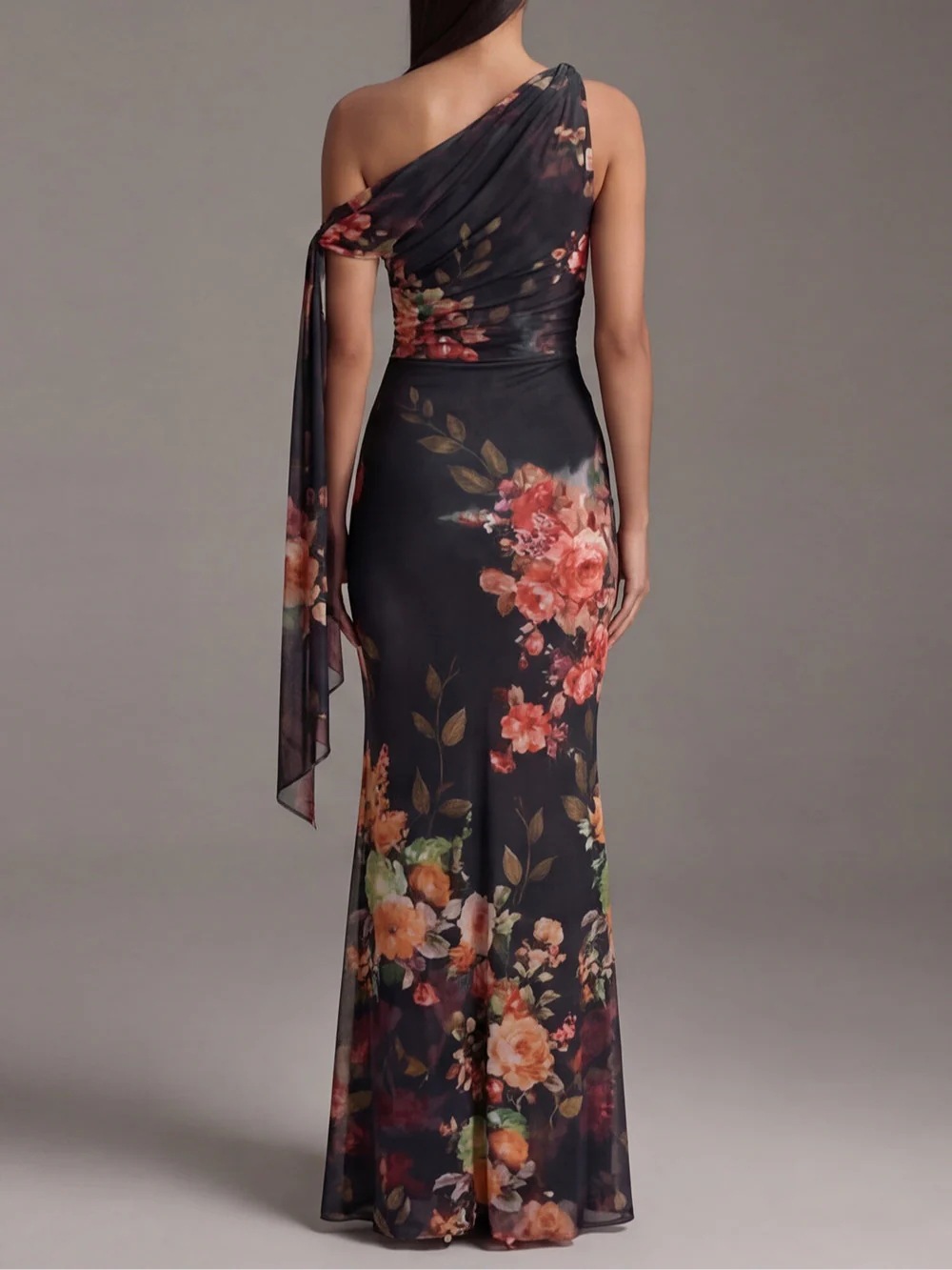Sleeveless Digital Print One-Shoulder Waist-Cinched Long Dress