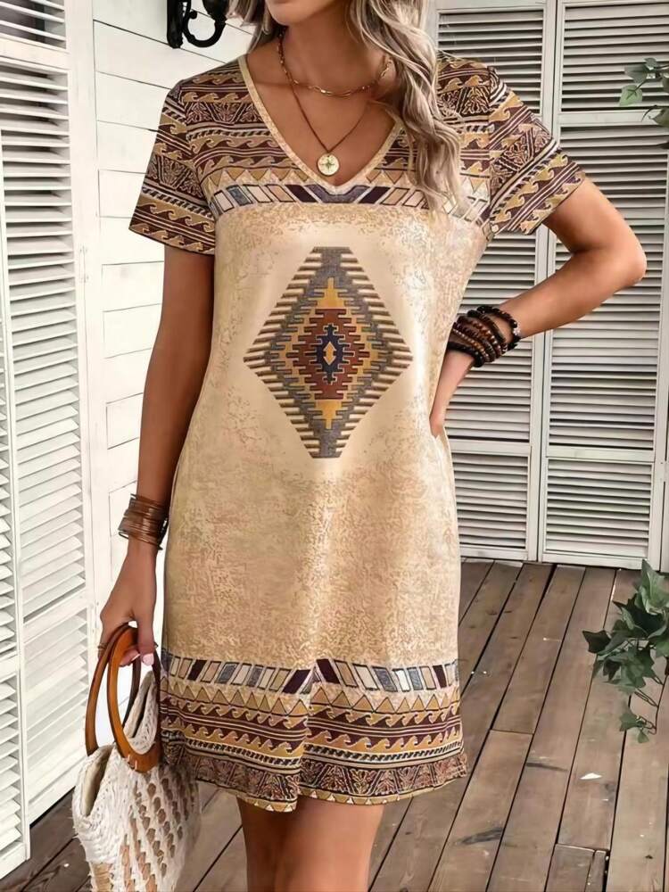 Floral V-Neck Short Sleeve Midi Dress