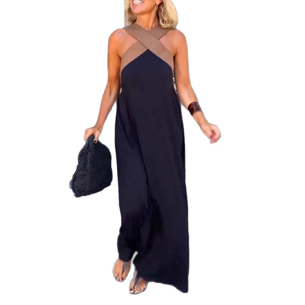Elegant Halter Cross Back Color Block Maxi Dress