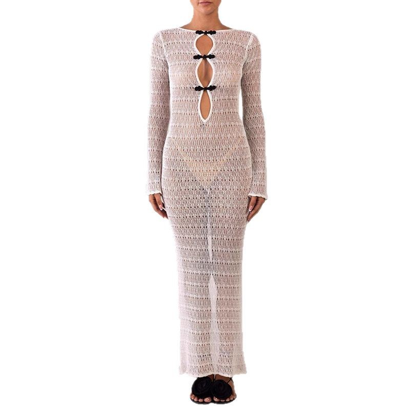 Sexy Open-Back Long-Sleeve Mermaid Maxi Dress Boho Knit Beach Dress