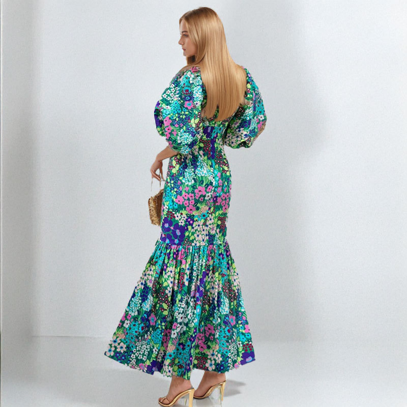 Floral Print Puff Sleeve Slim Fit Midi Dress