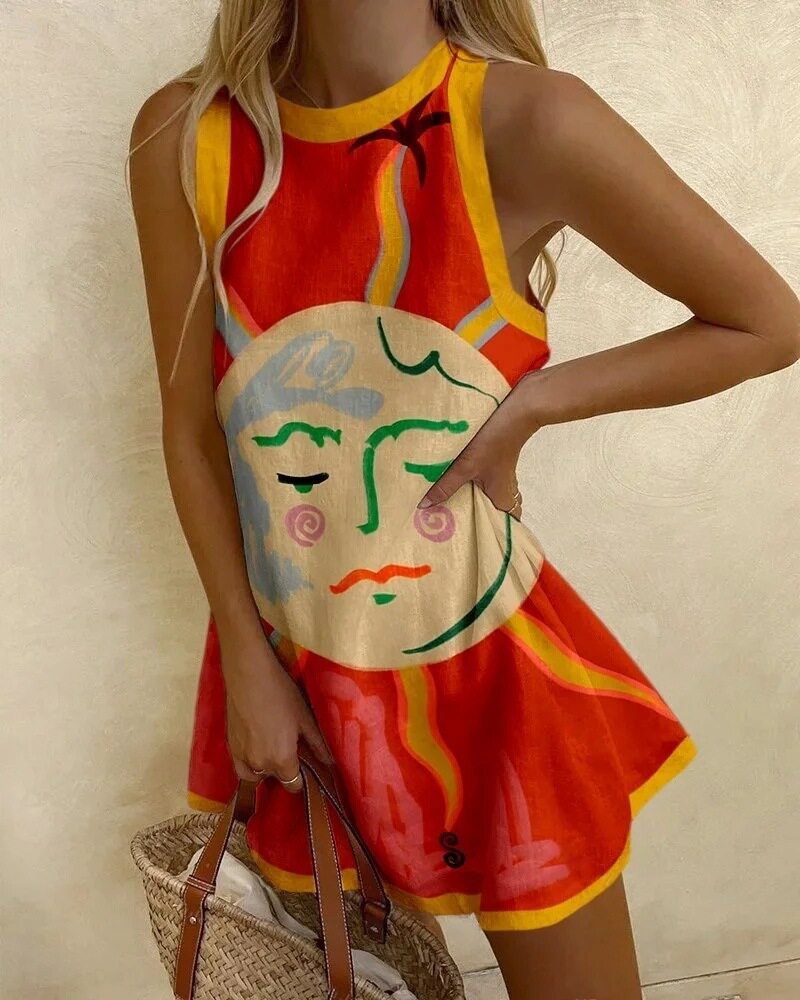 Sleeveless Ocean Print A-Line Short Dress