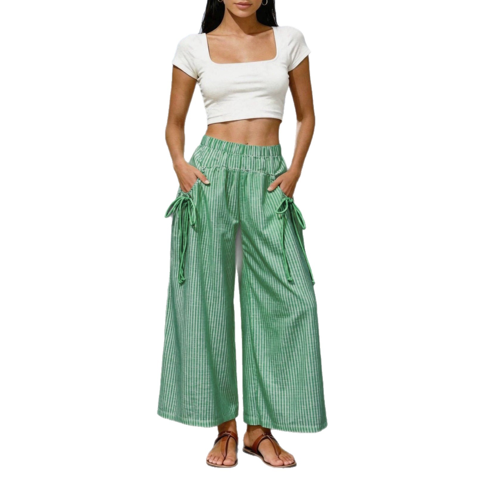 Drawstring Elastic Waist Wide Leg Cropped Pants