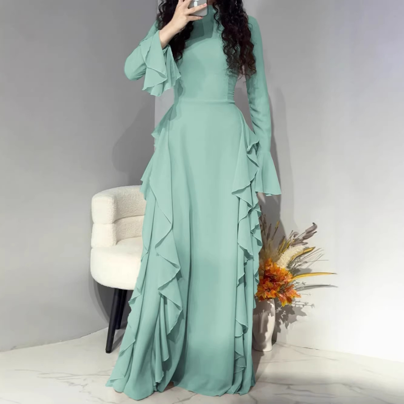 Elegant High-Waist Solid Bell-Sleeve Long Dress