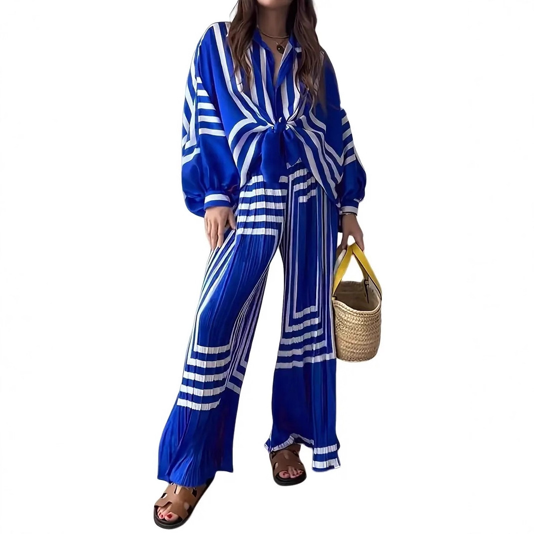 Striped Print Pleated Two-Piece Set Long Sleeve Shirt Wide Leg Pants