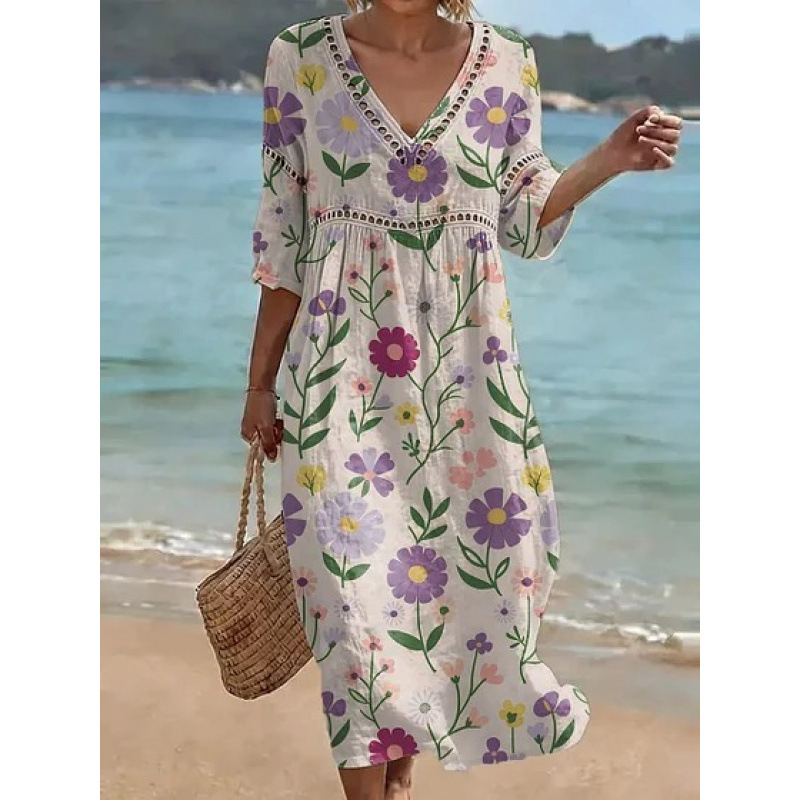 Women's Floral Print Pleated Midi Dress with Deep V-Neck and 3D Effect