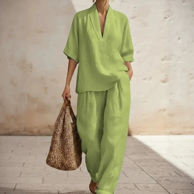Women's Minimalist Linen Two-Piece Set Casual Solid Color