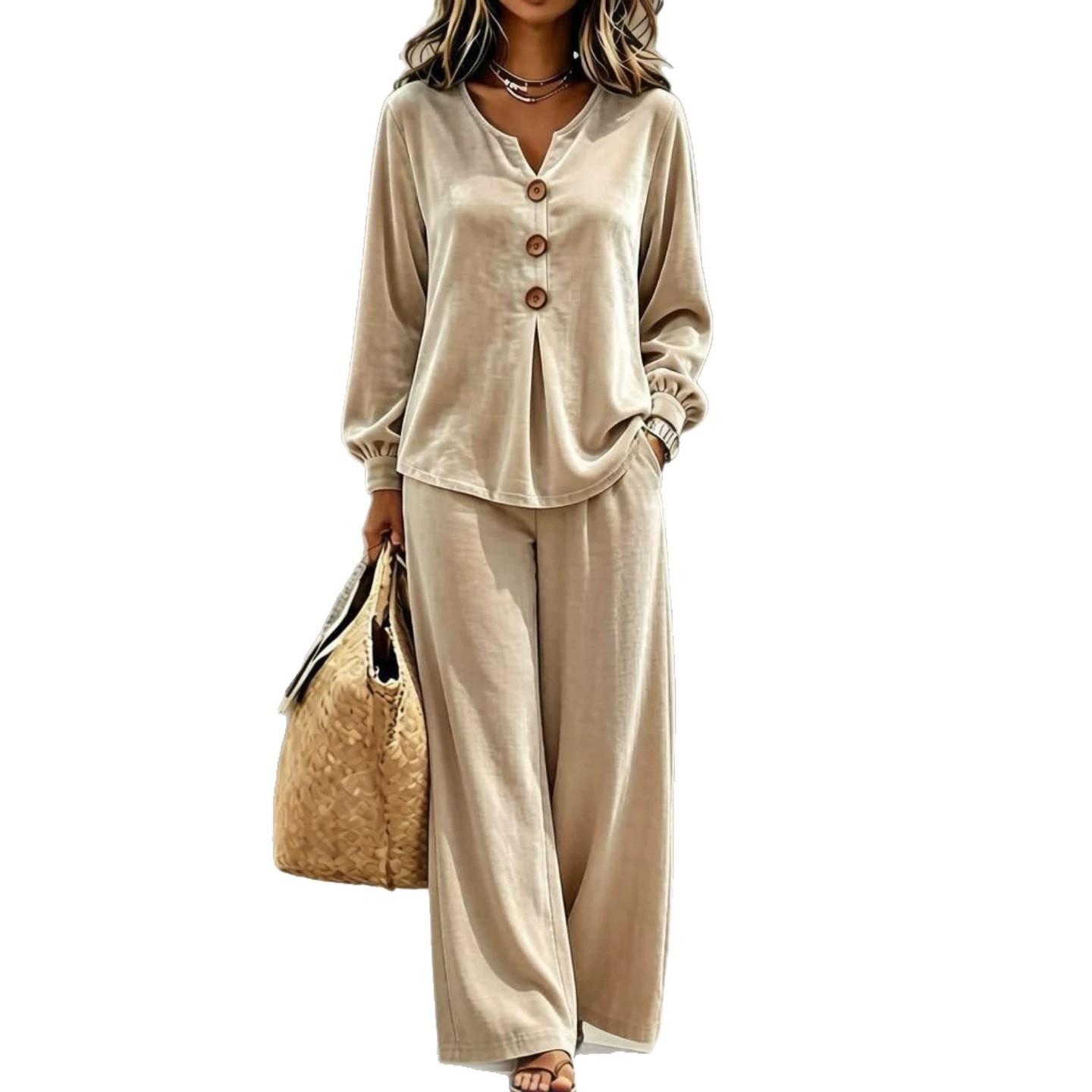 Women's Velvet Button V-Neck Long Sleeve Top and Pants Two-Piece Set