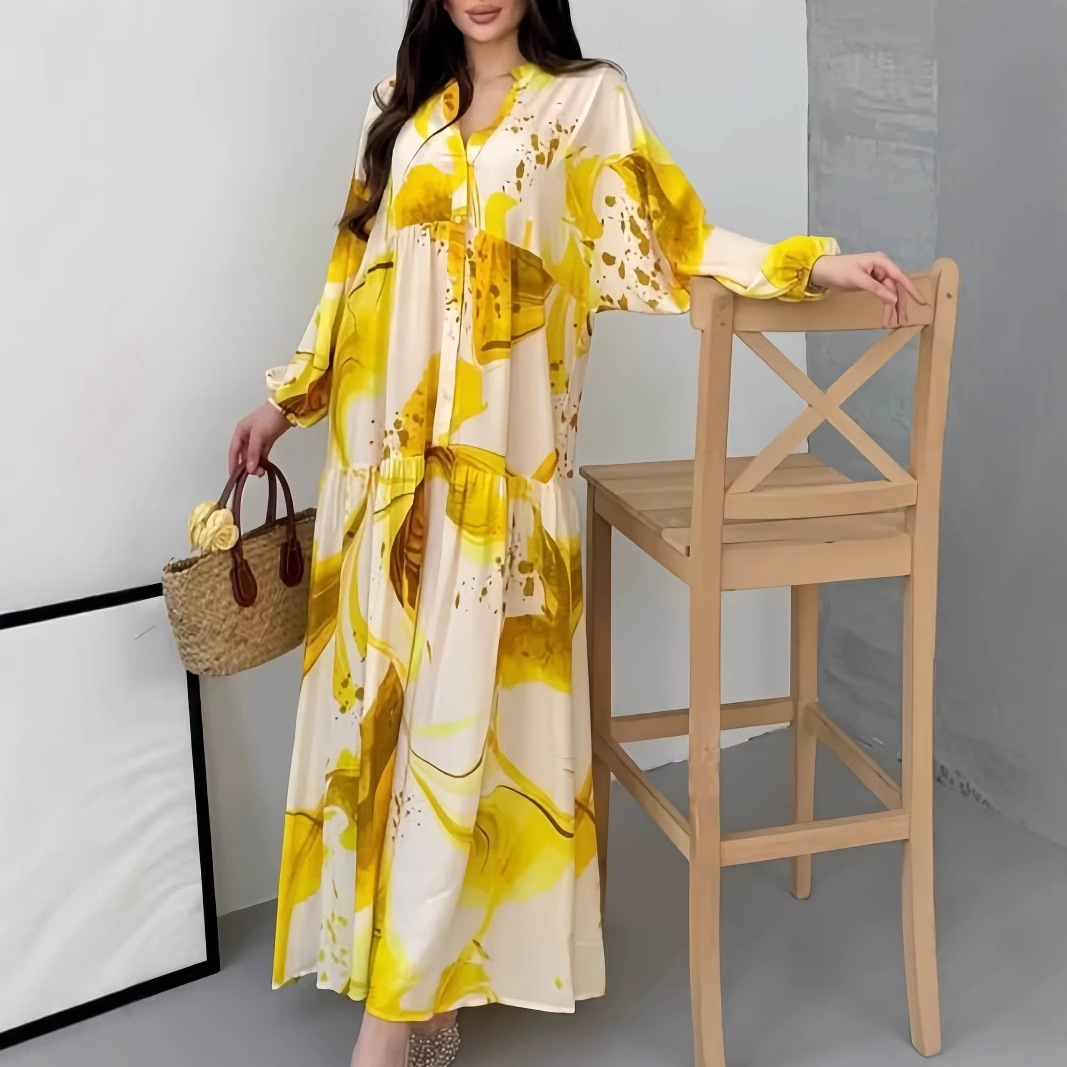 Printed V-Neck Long-Sleeve Loose Casual Maxi Dress