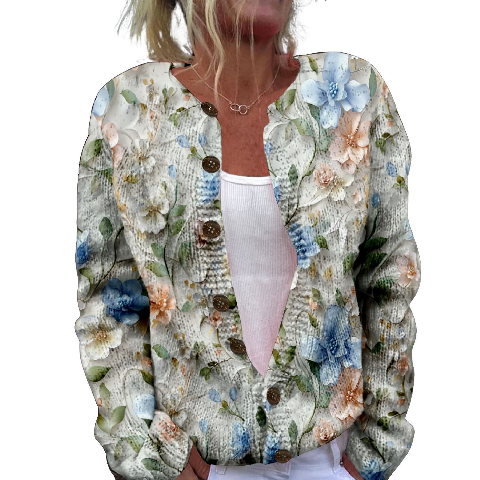 Women's Heart Print Button Cardigan Sweater