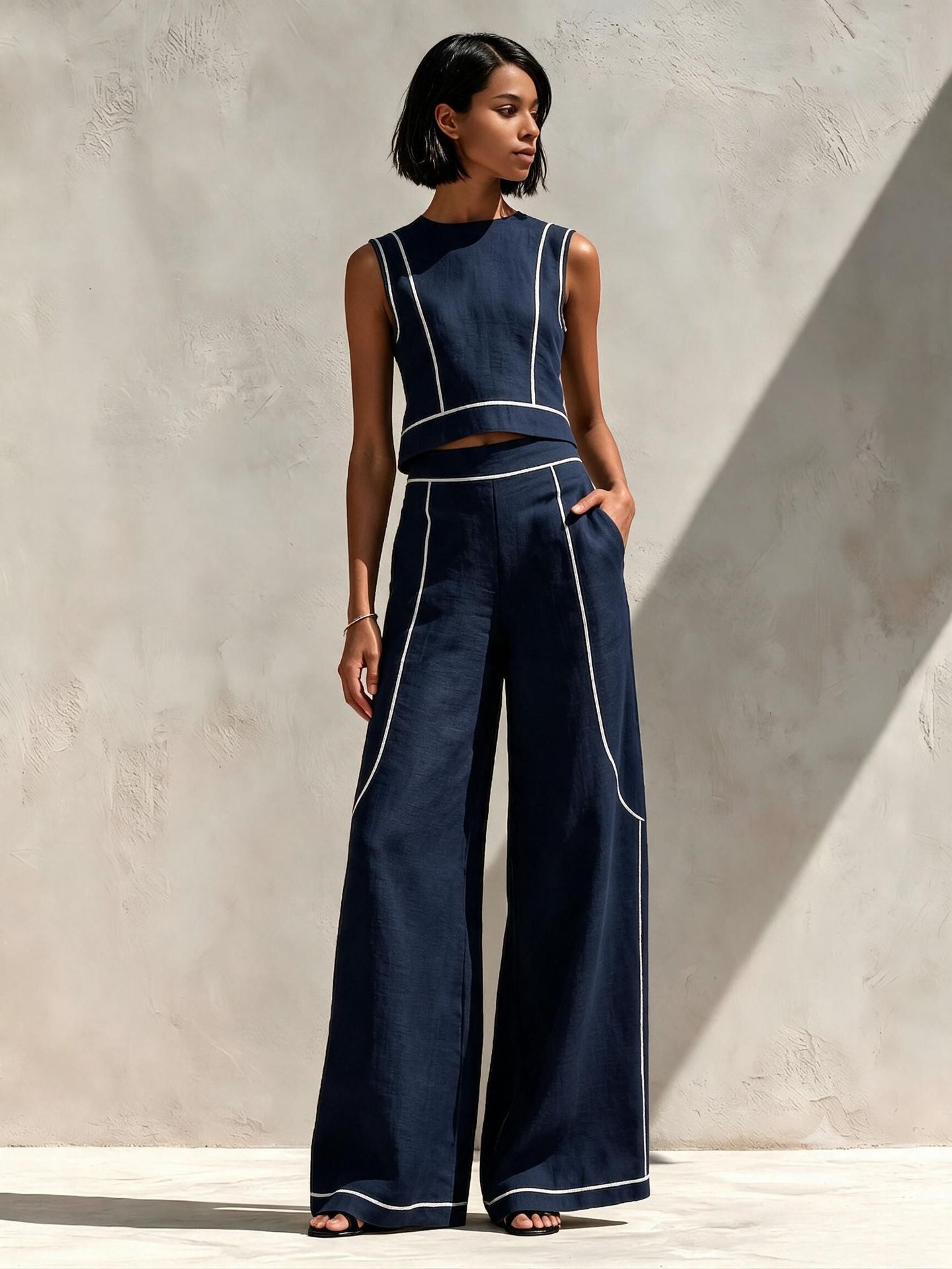 Sleeveless Color-Block Wide-Leg Pants Set Women's Casual Two-Piece