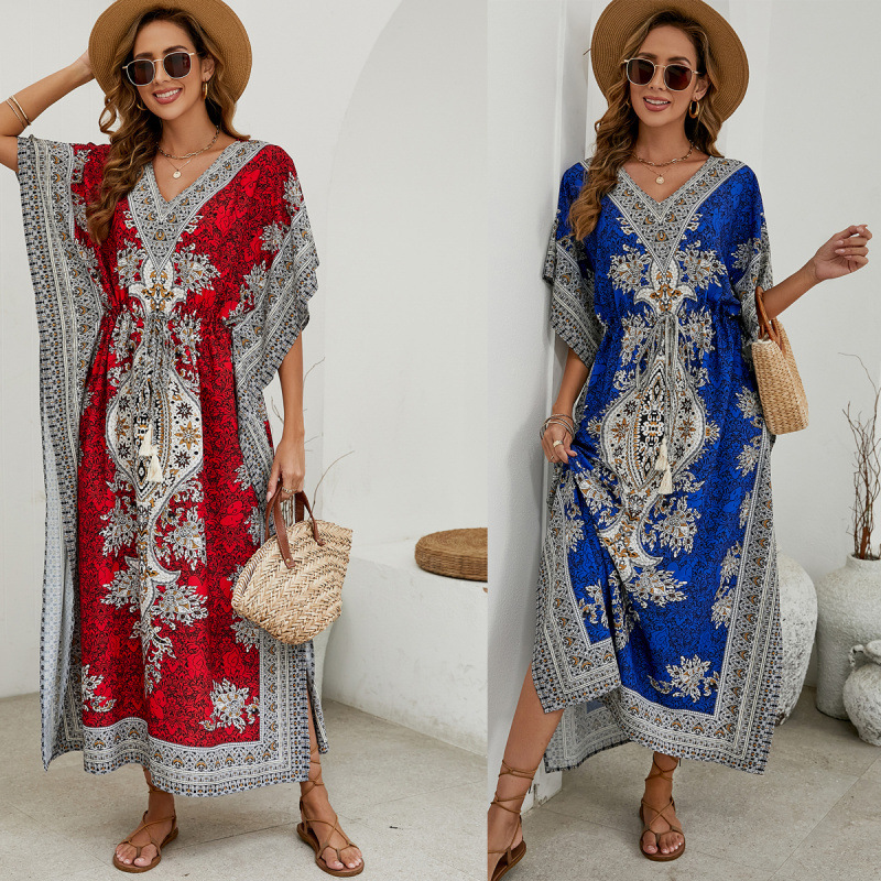 Boho Beach Cover-Up Dress Loose Printed V-Neck Long Sun Protection