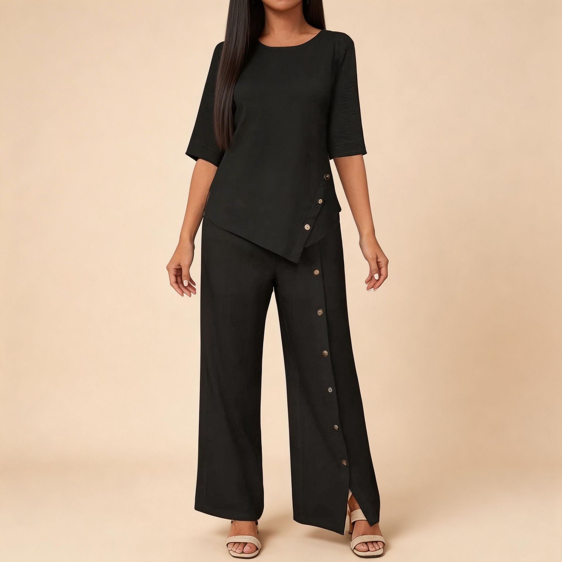 Women's Asymmetrical Hem Pant Set with Button Short-Sleeve Shirt