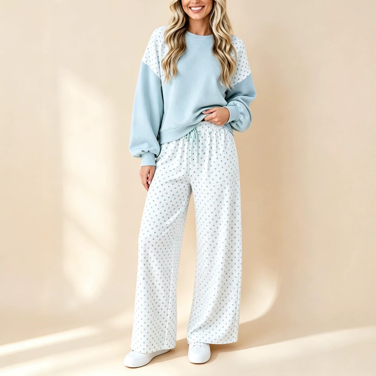 Colorblock Polka Dot Women's Two-Piece Set with Crew Neck Long Sleeve Top and Drawstring Wide-Leg Pants