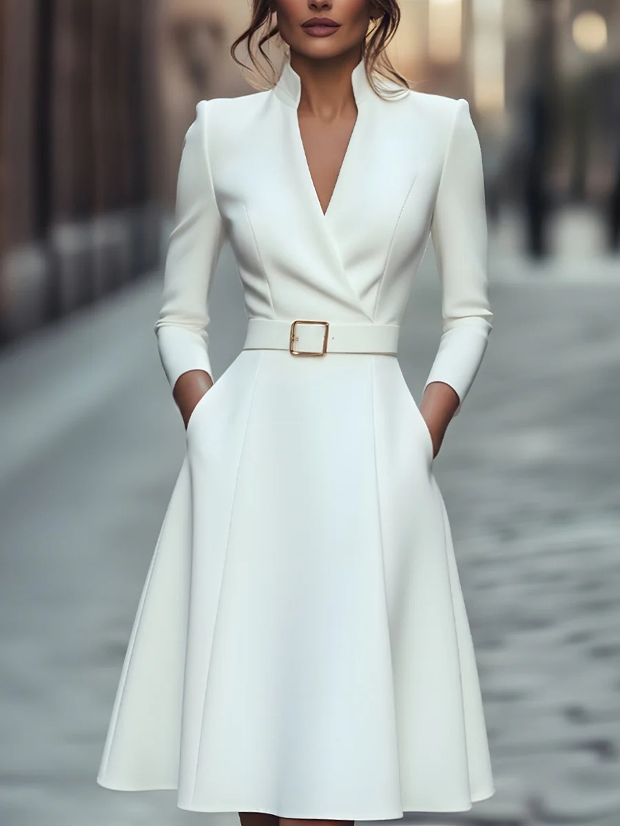 Solid V-Neck Waist-Cinched Long-Sleeve A-Line Midi Dress