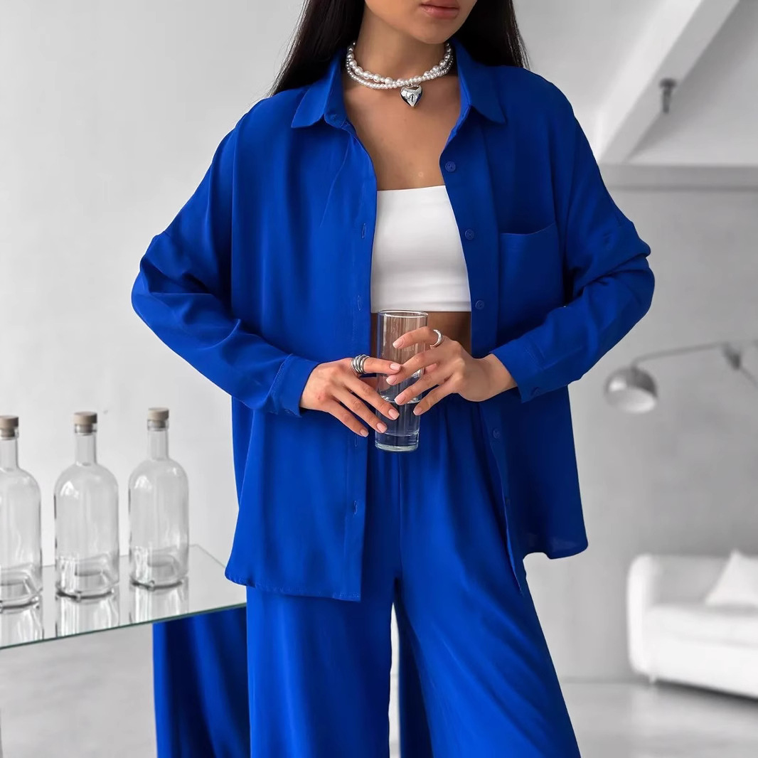 Women's Solid Color Cardigan and Wide-Leg Pants Set with Pockets