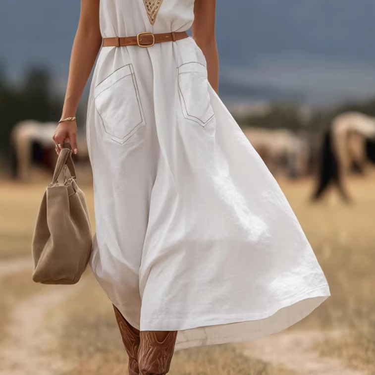 Boho V-Neck Sleeveless Midi Dress with Pockets