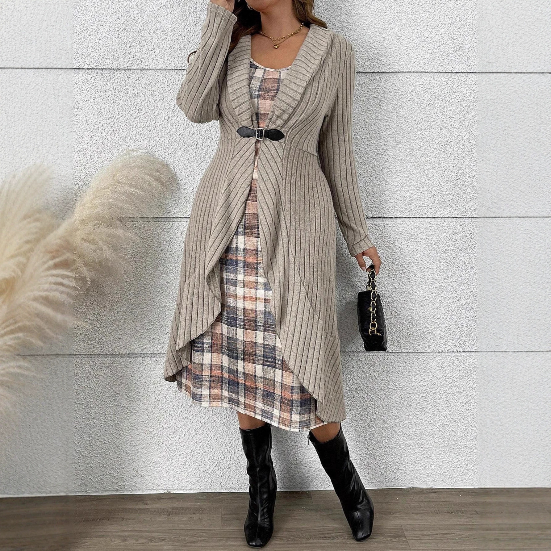 Pleated Long Sleeve Cardigan Trench Coat & Knit Dress Two-Piece Set