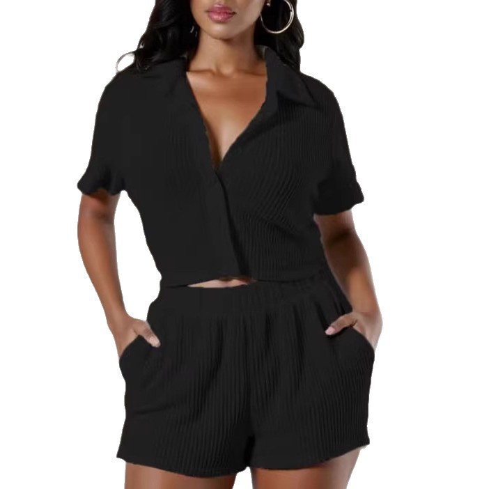 Women's Solid Color Collared Ruched Shirt and Shorts Two-Piece Set