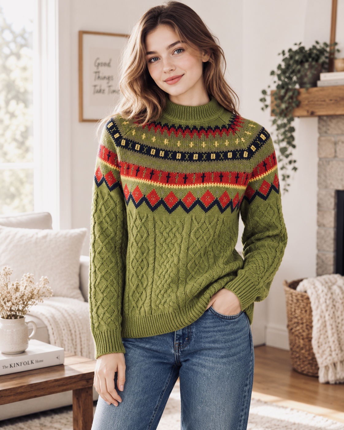 Fair Isle Jacquard Cable Knit Half-Turtleneck Sweater Women Loose Pullover