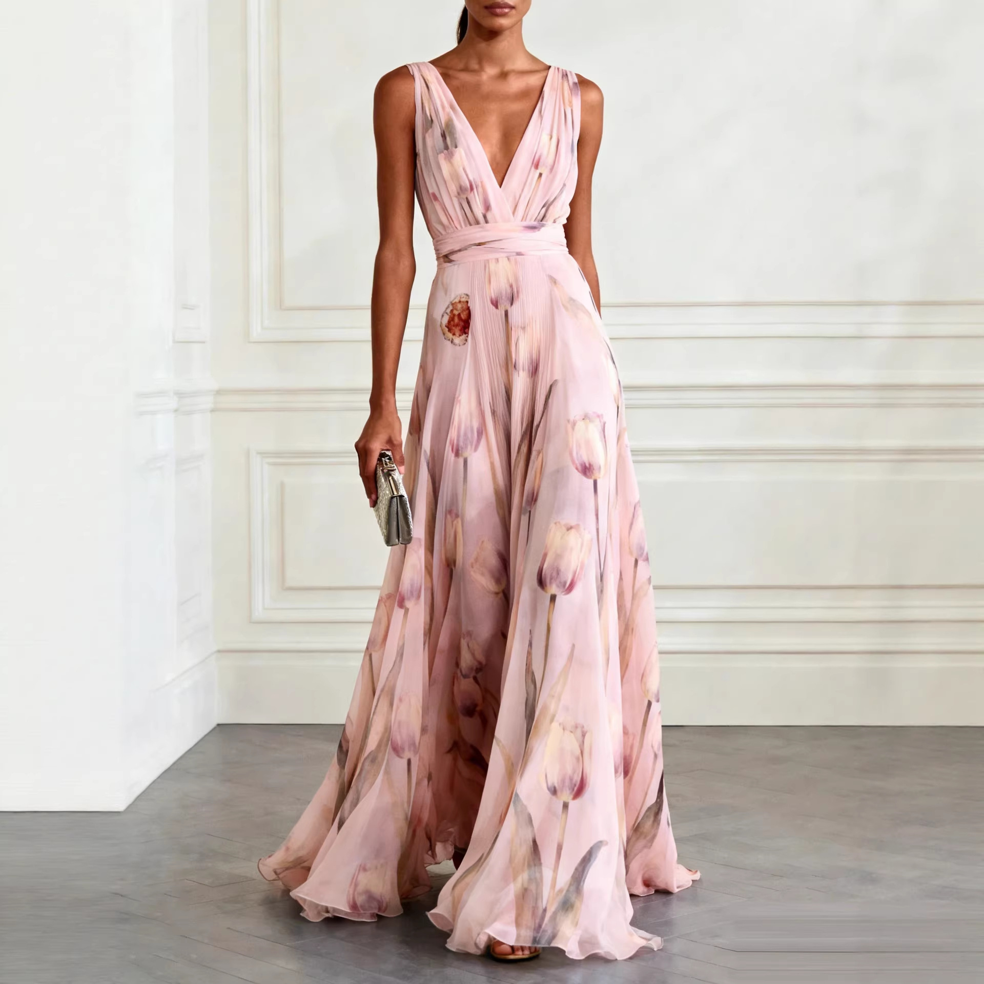 Blue Tulip Print Sleeveless V-Neck Maxi Dress