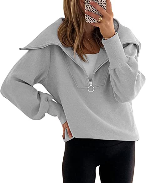Women's Zip-Up Hoodie with Collar, Long Sleeve, Drop Shoulder, Pullover