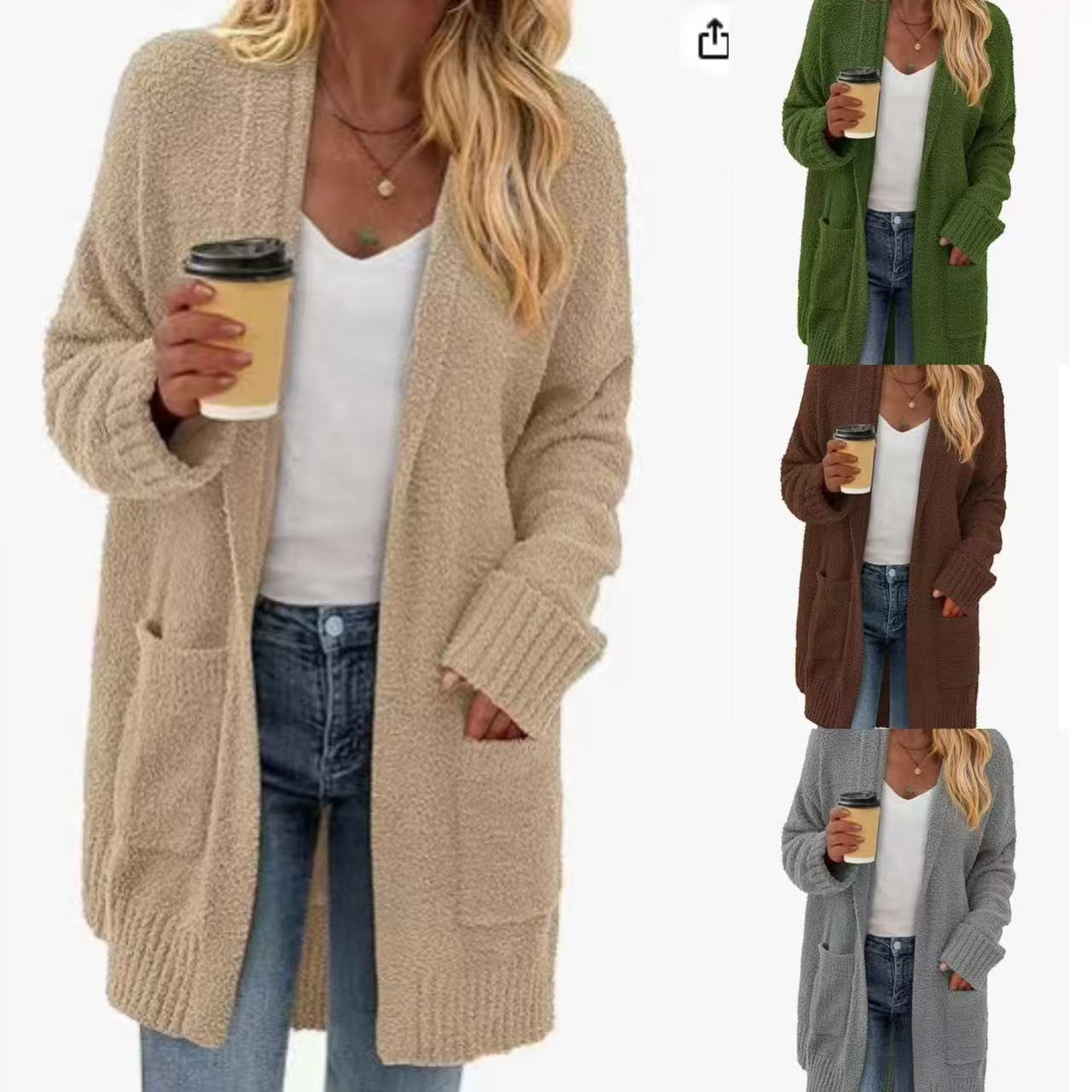 Korean Velvet Pocket Knit Cardigan Solid Loose Sweater Coat