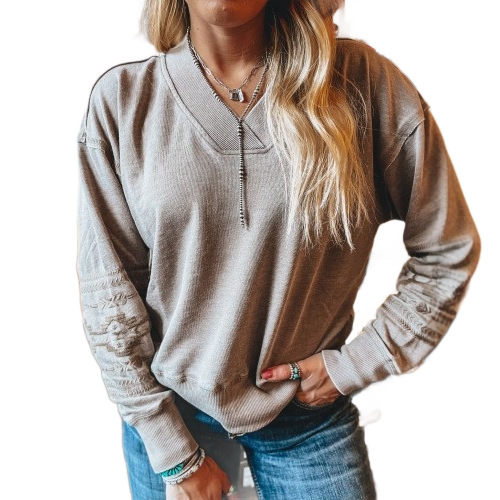 Women's V-Neck Embroidered Long-Sleeve Ribbed Sweatshirt