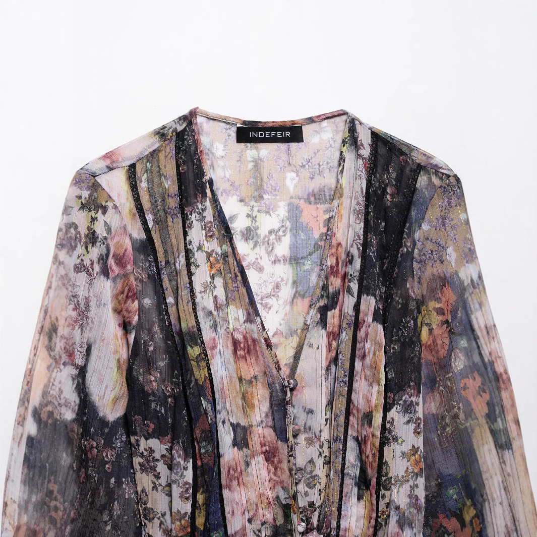 Women's Vintage Floral Print Long Sleeve Dress with Collar