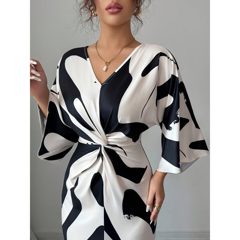 Apricot Print Knit V-Neck Tie-Waist Bodycon Dress with Asymmetric Hem