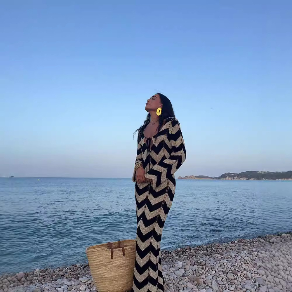 Reversible Lace-Up Cutout V-Neck Long Sleeve A-Line Beach Dress