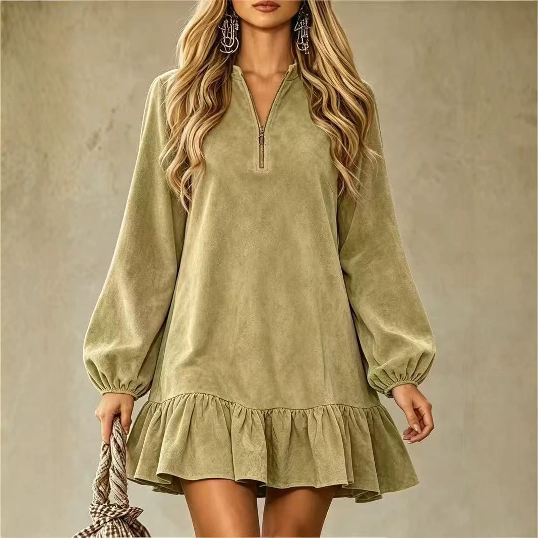 Women's Loose Long Sleeve V-Neck Mini Dress