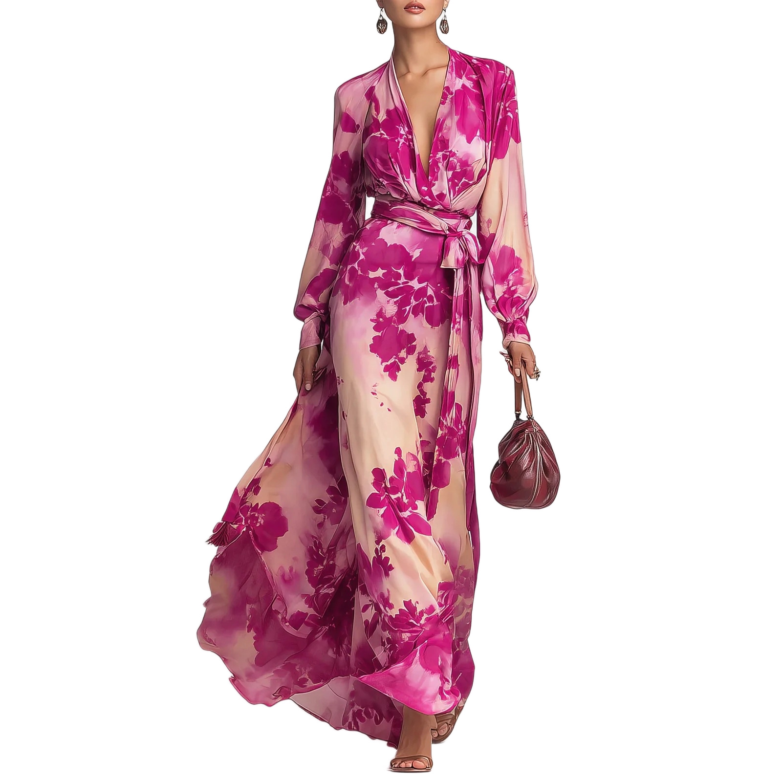 Elegant Floral Print Chiffon Long Sleeve V-Neck Tie-Waist Dress