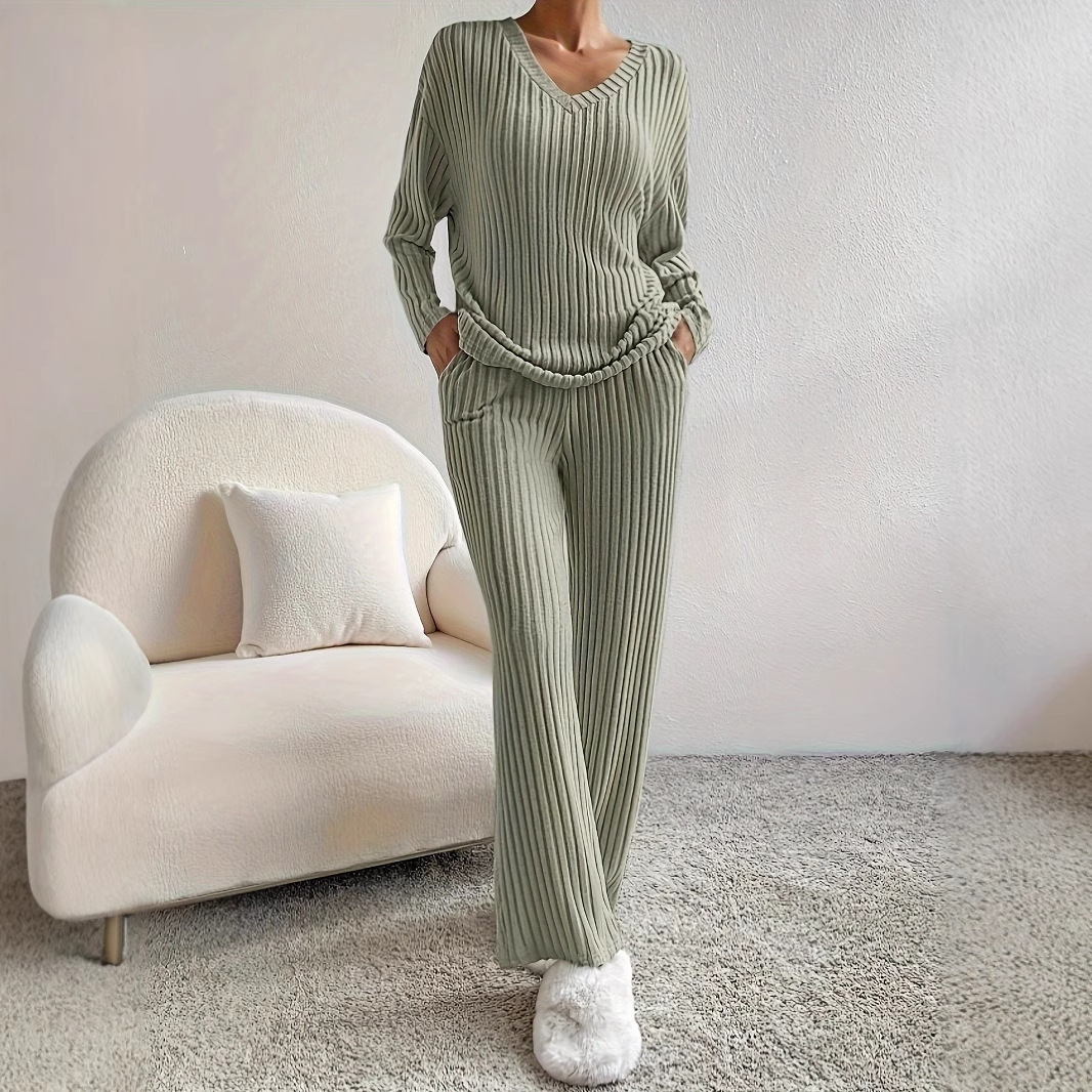 Women's Solid V-Neck Loose Top and Straight-Leg Pants Ribbed Two-Piece Set