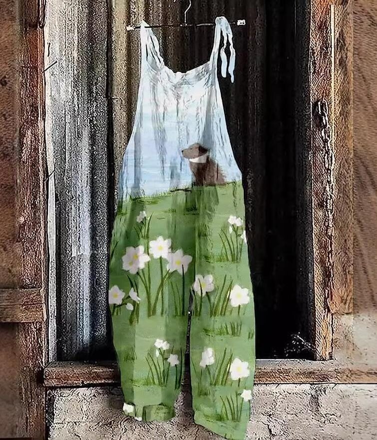 Women's Vintage Floral Print Sleeveless Jumpsuit Casual Tie-Waist