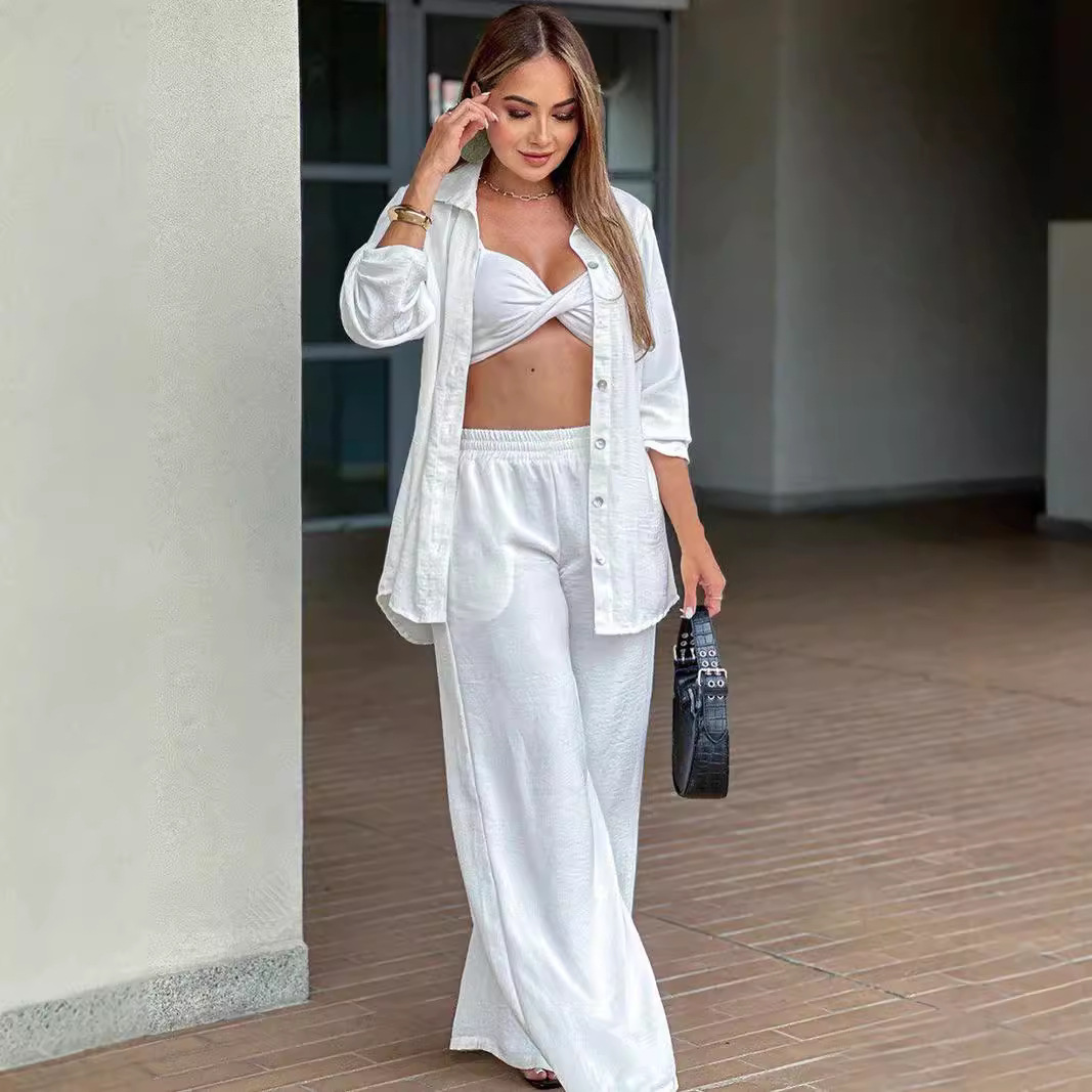 Women's Two-Piece Shirt and Elastic Waist Wide-Leg Pants Set