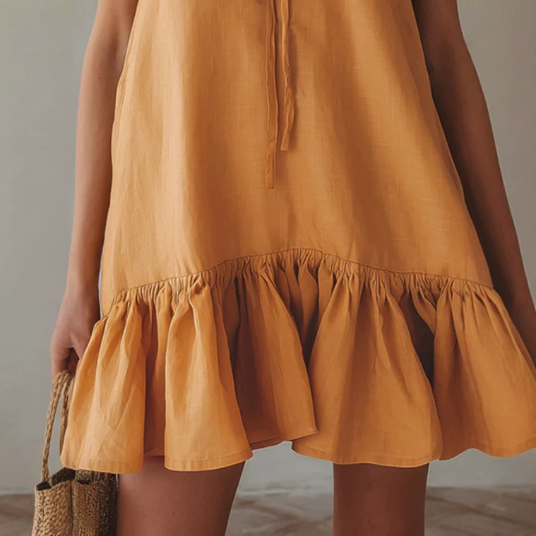 Retro V-Neck Tie-Waist Cotton Sleeveless Mini Dress