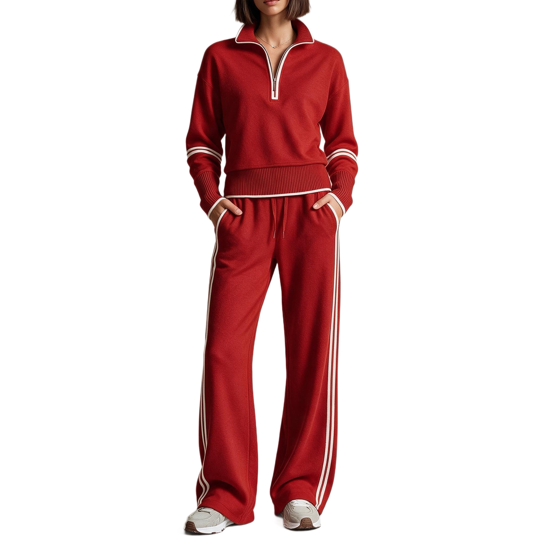 Colorblock Stand Collar Hoodie & Wide-Leg Pants Two-Piece Set