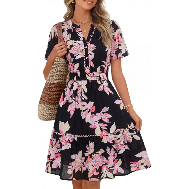 Women's Floral A-Line Short Sleeve V-Neck Midi Dress