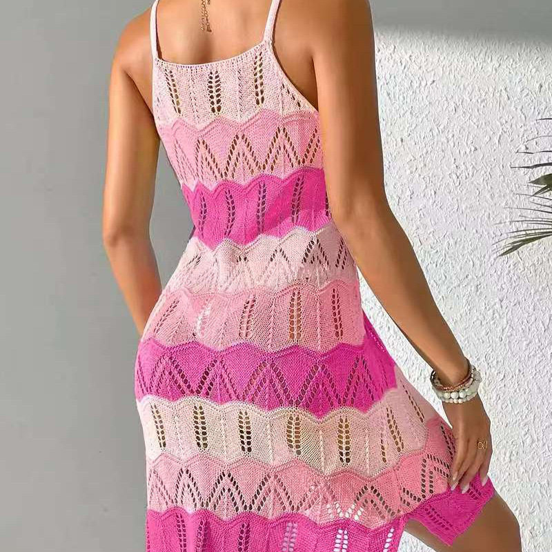 Women's Colorblock Knit Beach Cover-Up Dress Sleeveless Midi