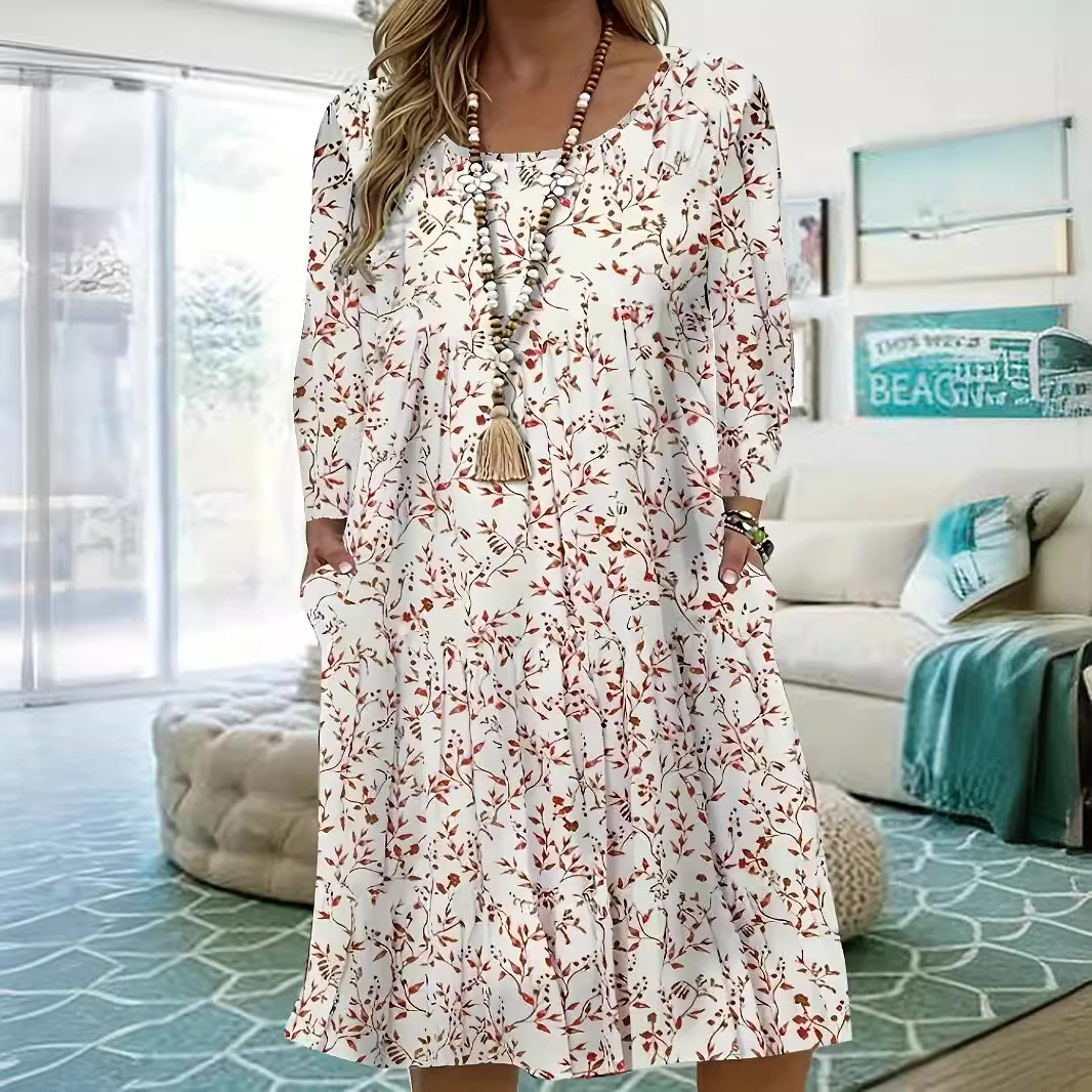 Women's Loose Round Neck Pleated Dress Sweet Fresh Floral Print