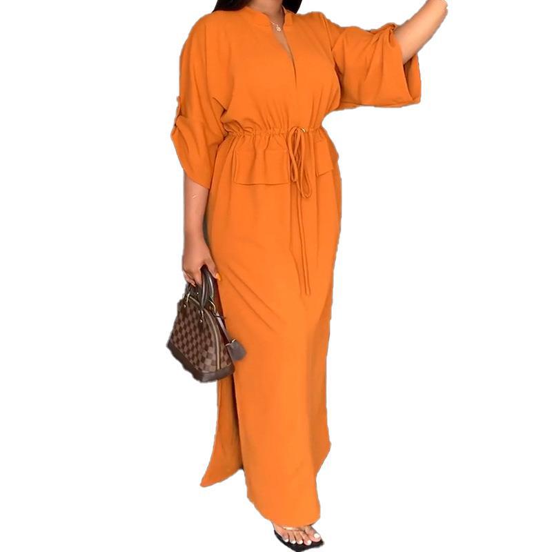 Women's Stand Collar Slit Solid Color Long Dress