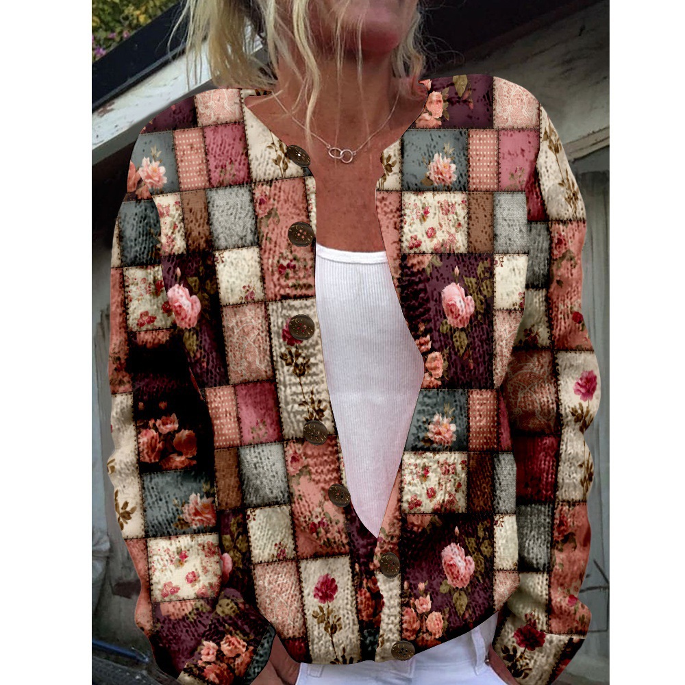 Women's Plaid Floral Print Button-Down Cardigan Sweater