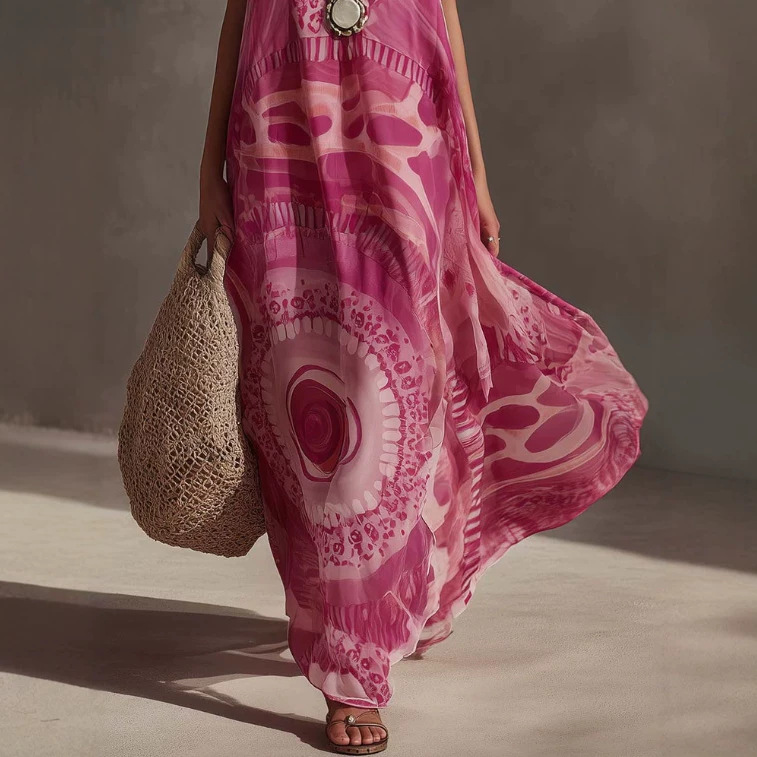 Flowy Vintage Floral Print Pink Chiffon Long Dress